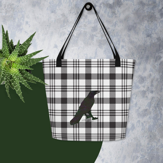 Plaid Raven All-Over Print Large Tote Bag