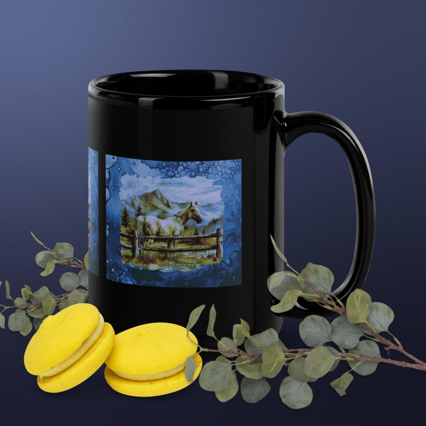 Mountains And Horses Black Glossy Mug