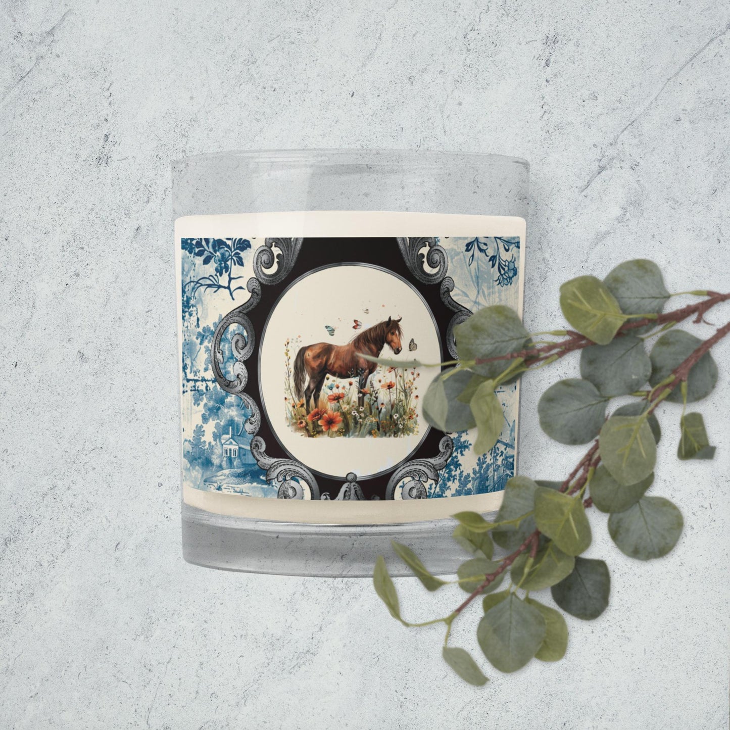 Horse With Butterflies And Flowers Glass Jar Soy Wax Candle