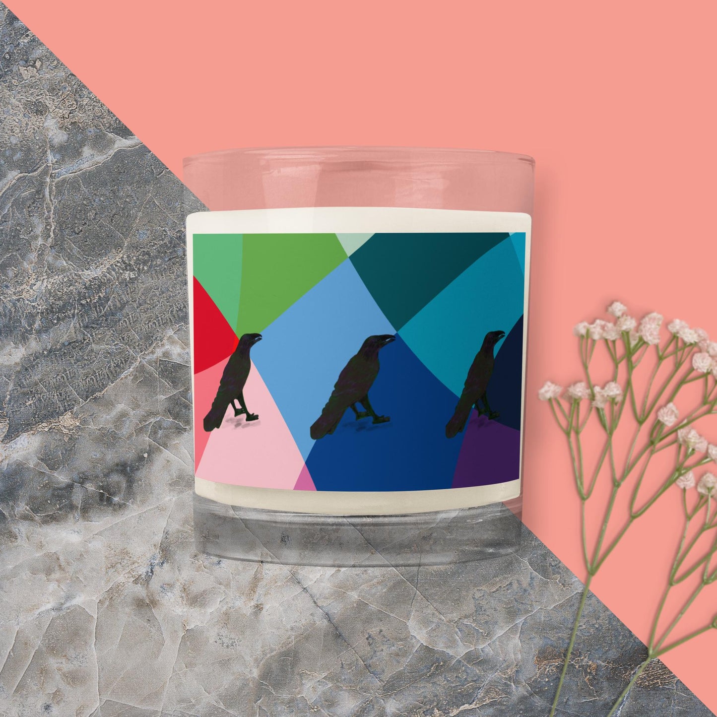 Vibrant Gem Diamond Raven Pattern Glass Jar Soy Wax Candle