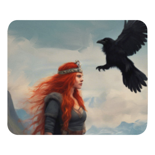 Viking Valor Mouse Pad: Red-Headed Shield-Maiden And Raven