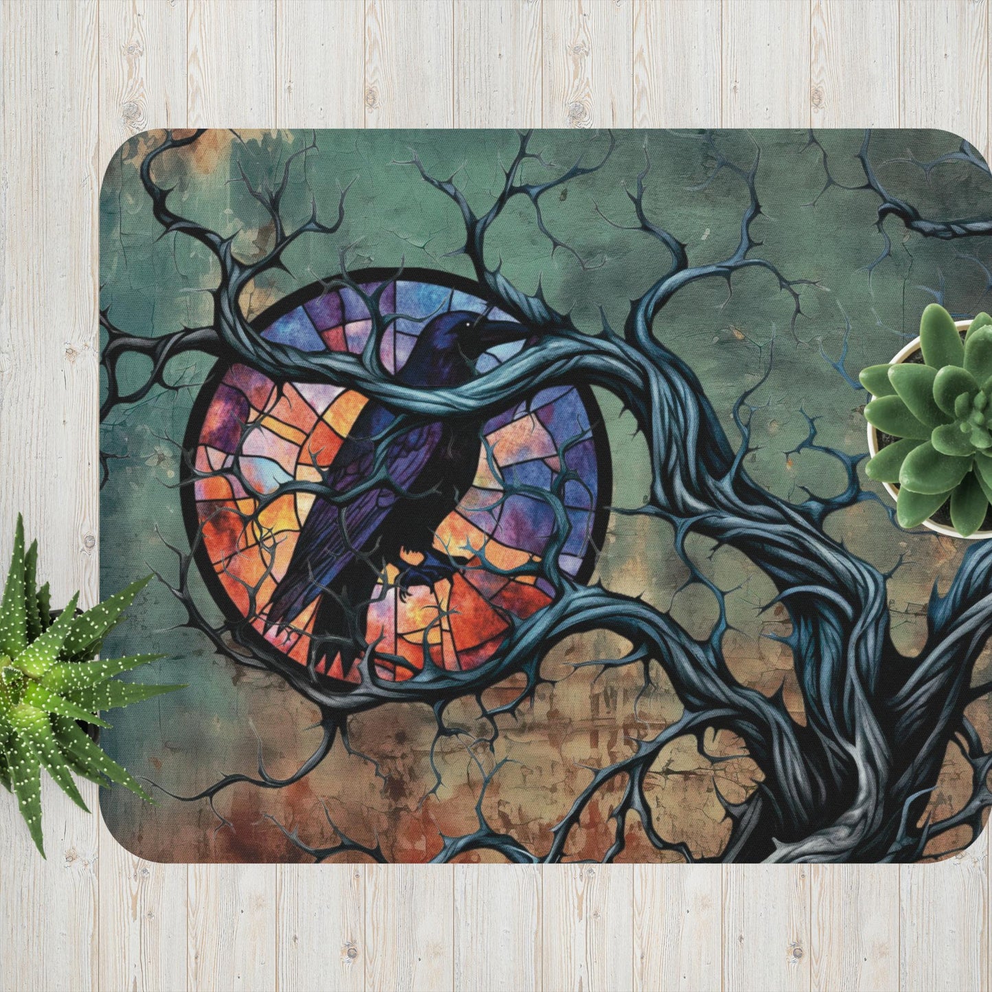 Teal Background Stained Glass Raven In Tree Mouse Pad