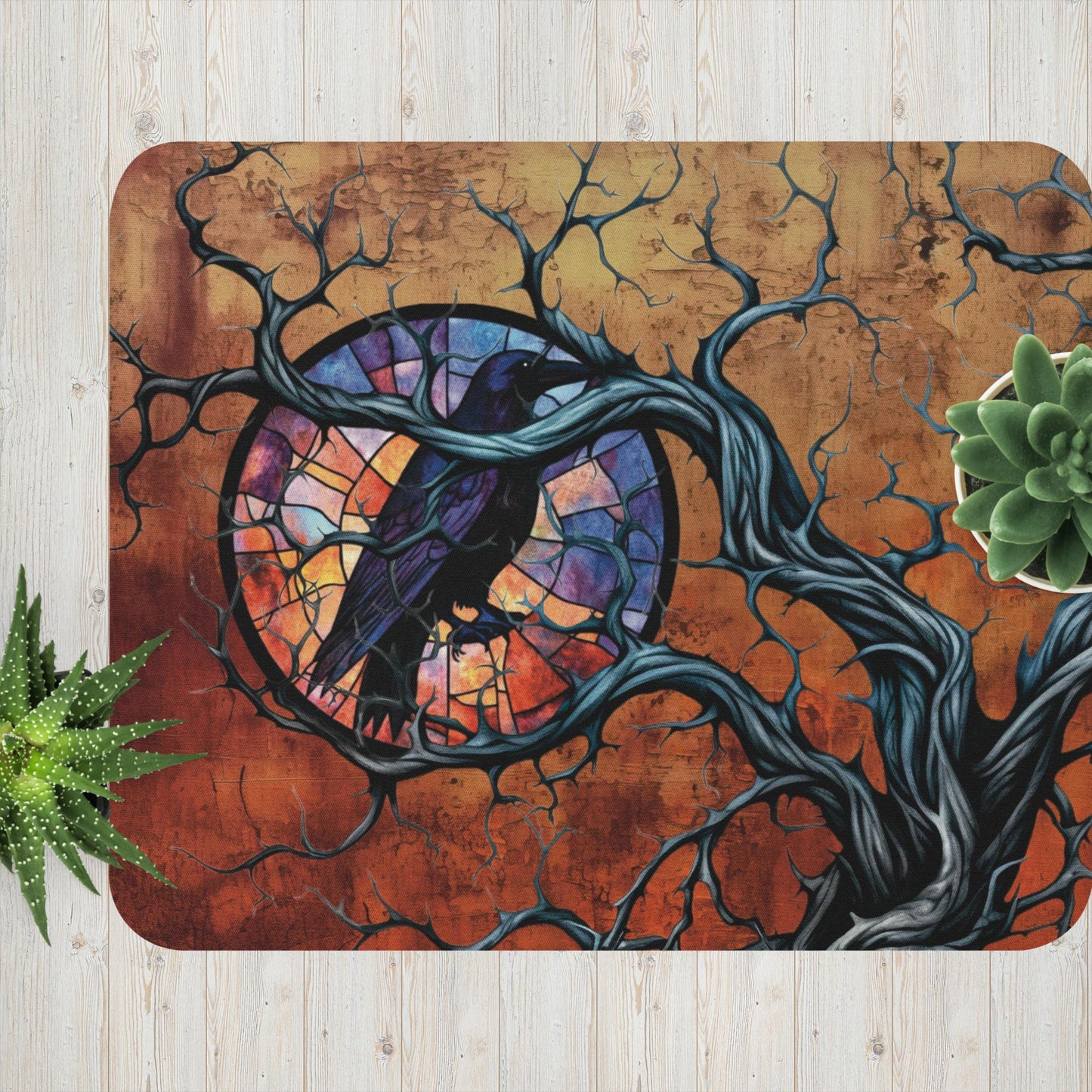 Brown Background Stained Glass Raven In A Tree Mouse Pad