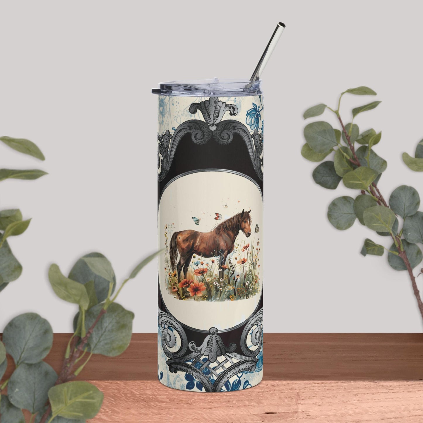 Vintage Blue Stainless Steel Tumbler With Horse And Flowers