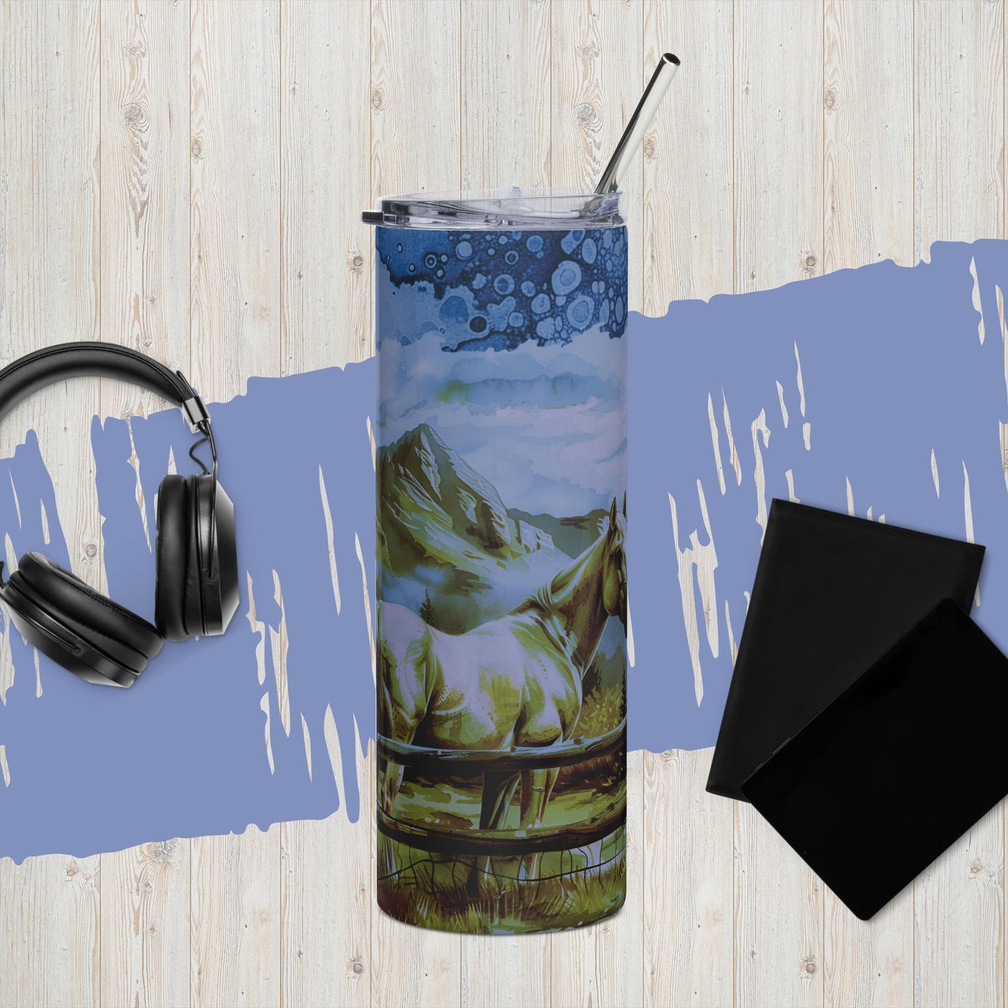 Mountains And Horse Blue Stainless Steel Tumbler