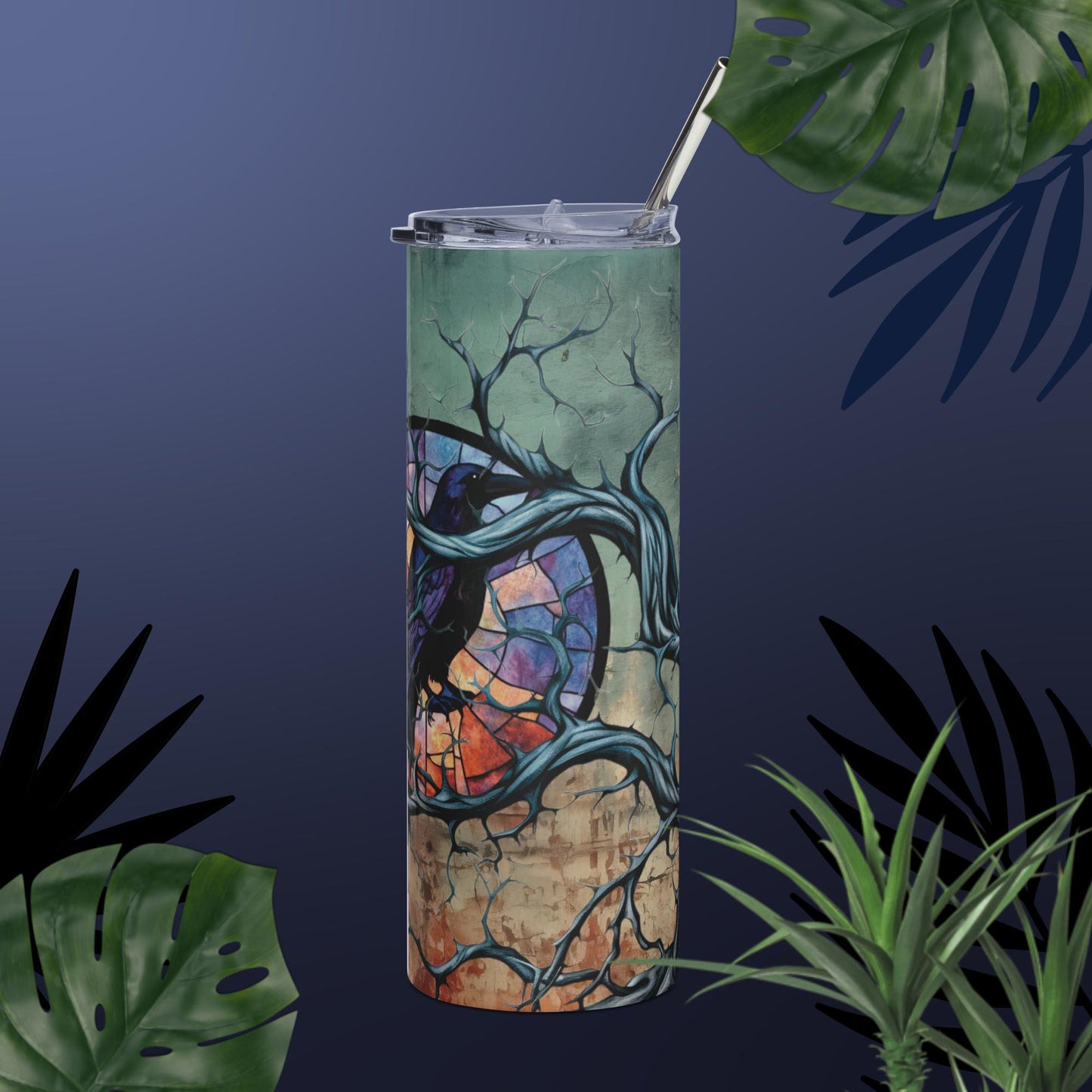 Turquoise Stained Glass Raven In Branch Stainless Steel Tumbler