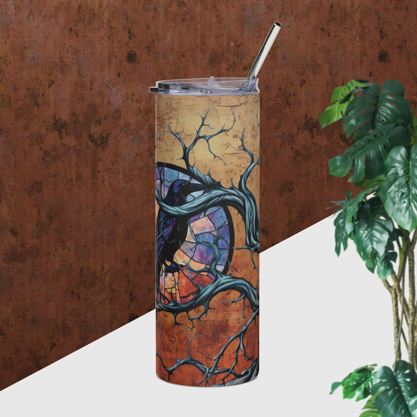 Brown Stained Glass Raven Tumbler Stainless Steel Tumbler