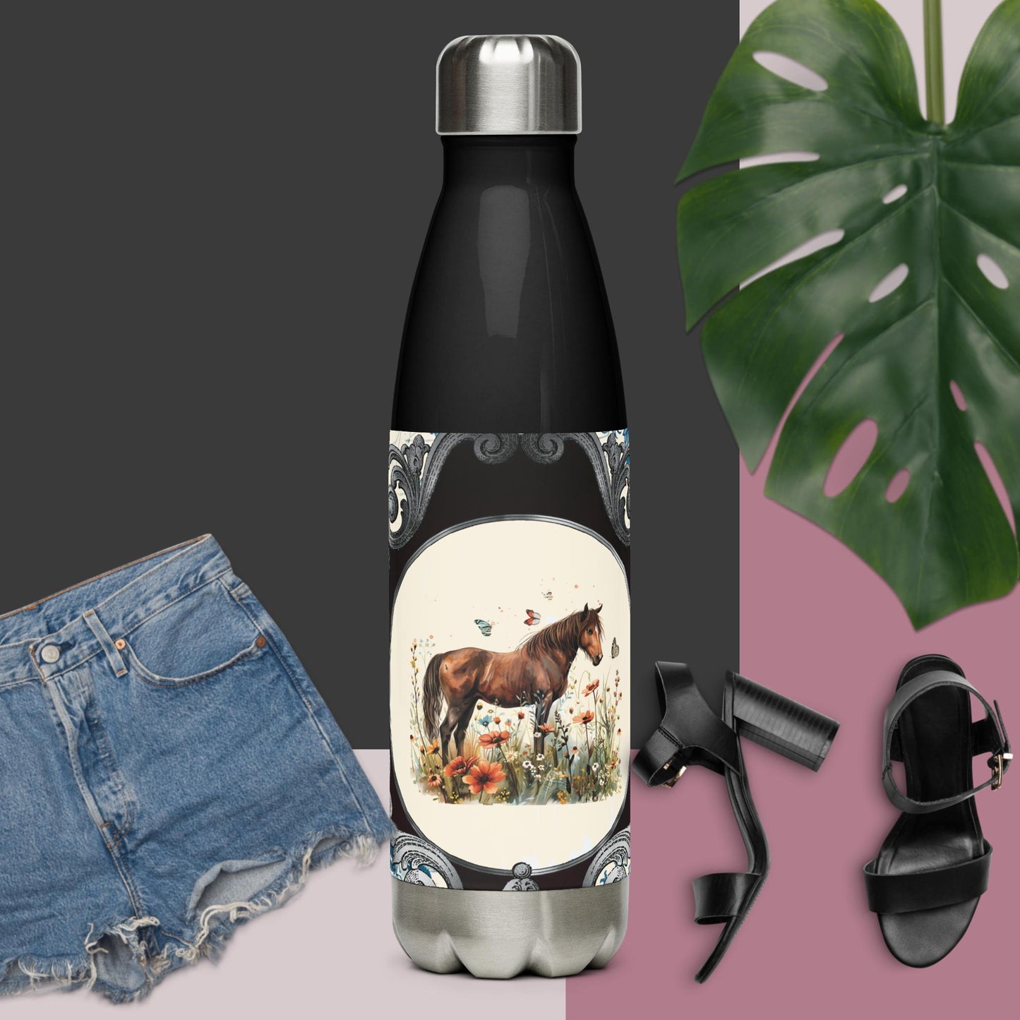 Horse With Butterflies And Flowers Stainless Steel Water Bottle