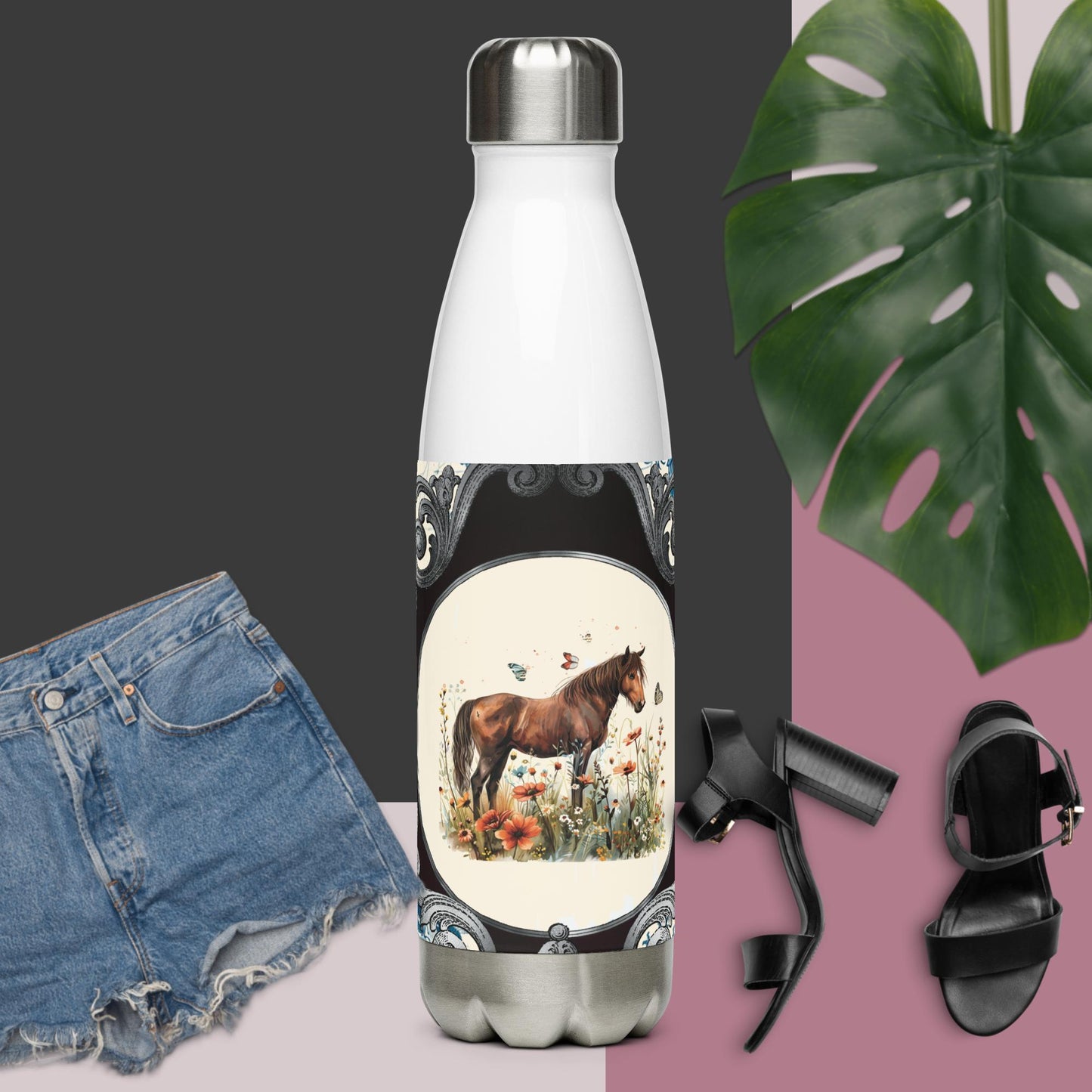 Horse With Butterflies And Flowers Stainless Steel Water Bottle