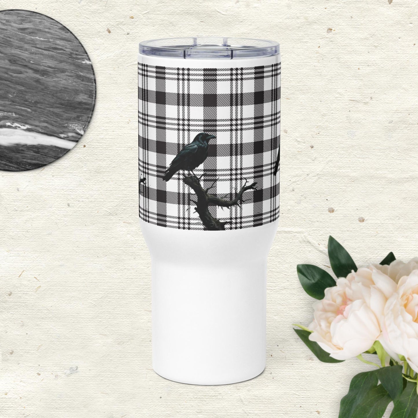 Black and White Plaid Raven Travel Mug With A Handle