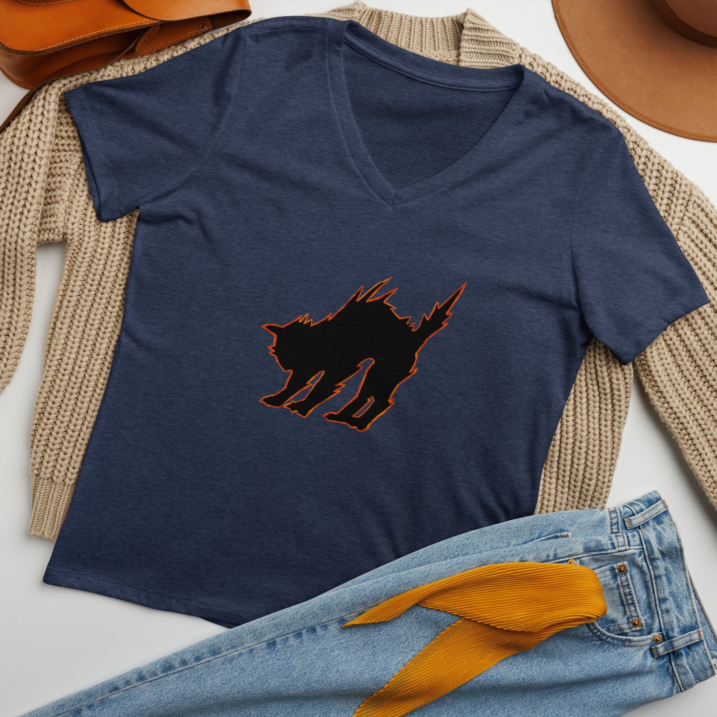 Midnight Cat Women’s Relaxed V-neck T-shirt